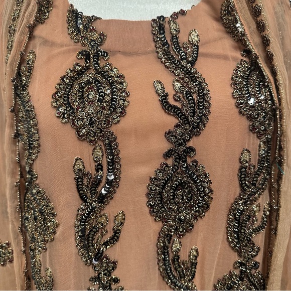 Peach Bronze and Red Embroidered Two-Piece Salwar Kameez | Size Approx. Large - Picture 5 of 12